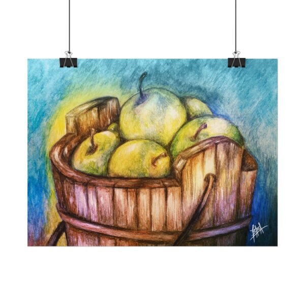 Rustic Apple Bucket Watercolor Poster | Textured Art Print for Kitchen Decor - Image 2