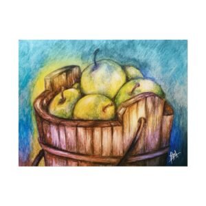 Rustic Apple Bucket Watercolor Poster | Textured Art Print for Kitchen Decor