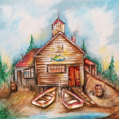 Boathouse Watercolor Print