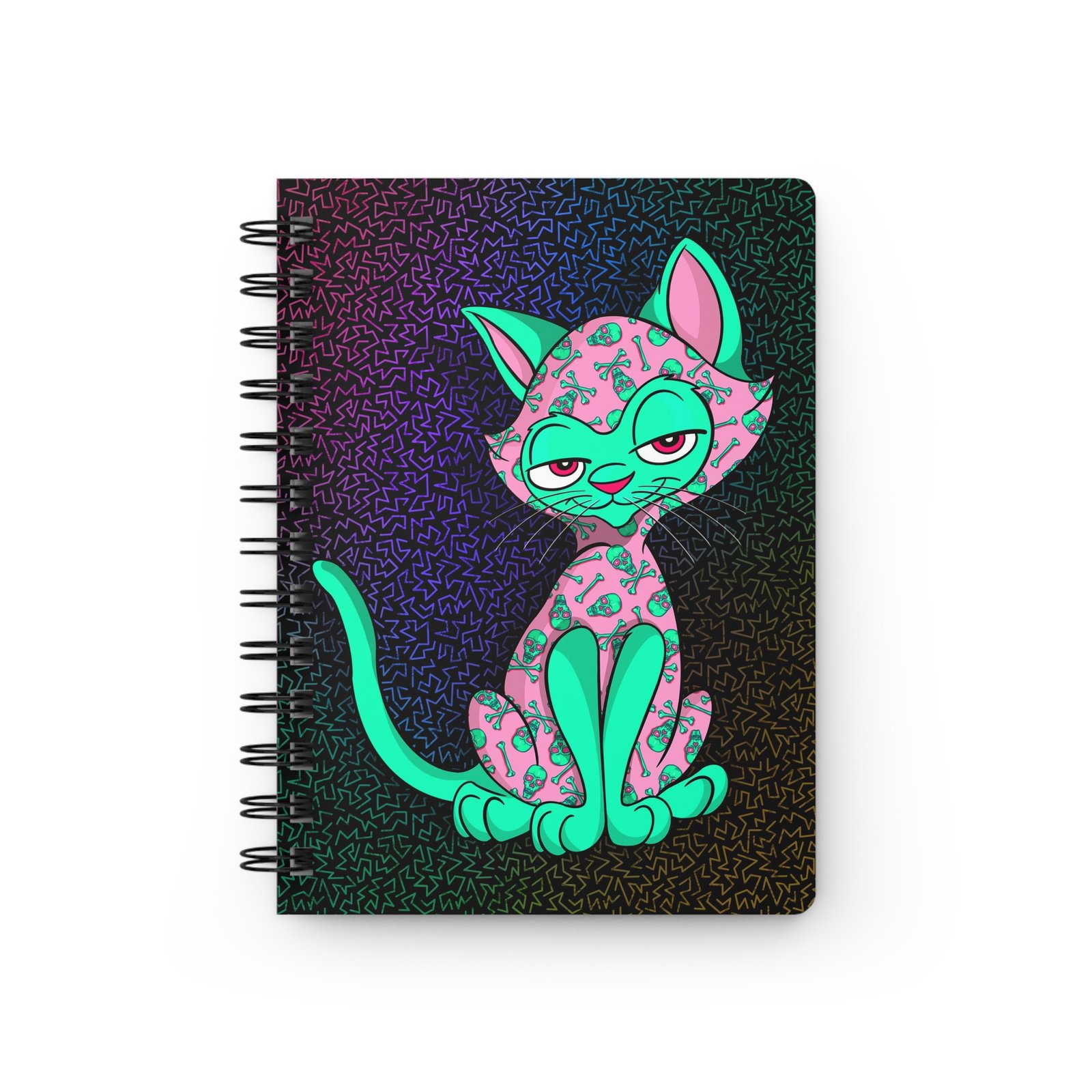 Sassy Cat Art - Vibrant Pink Skulls Sassy Cat-Themed Spiral Bound Journal with Unique Designs, Perfect for Cat Lovers, Gift for Students, Colorful Notebook, Creative Writing