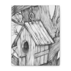 Graphite Pencil Art - Black and White Birdhouse Canvas Art, Home Decor Wall Art, Rustic Nature Decor, Gift for Bird Lovers, Farmhouse Wall Art