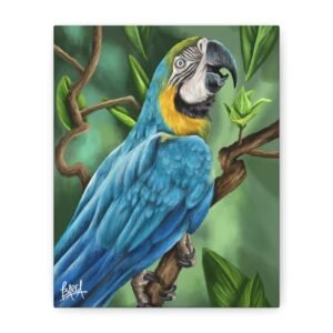 Animal Art Canvas - Portrait Stretched Canvas Art Print, Vibrant Blue Macaw Painting, Colorful Bird Wall Decor, Bird Lover Gift, Nature-Inspired Home Decor, Tropical Art