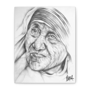 Graphite Pencil Art - Mother Theresa Matte Canvas Wall Art, Inspirational Home Decor, Black and White Artwork, Religious Gift, Motivational Office Decoration